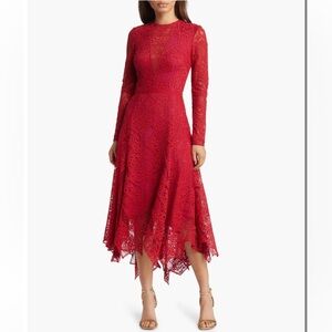 NWT Tadashi Shoji Red Handkerchief Hem Midi Dress Size 12